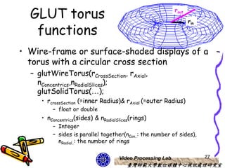 GLUT torus                                                rout

                                                                   rin

   functions
• Wire-frame or surface-shaded displays of a
  torus with a circular cross section
  – glutWireTorus(rCrossSection, rAxial,
    nConcentrics,nRadialSlices);
    glutSolidTorus(…);
     • rcrossSection (=inner Radius)& rAxial (=outer Radius)
         – float or double
     • nConcentrics(sides) & nRadialSlices(rings)
         – Integer
         – sides is parallel together(nCon..: the number of sides),
           nRadial..: the number of rings


                                     Video Processing Lab                27
                                        臺灣師範大學數位媒體中心視訊處理研究室
 
