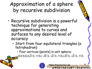 Approximation of a sphere
  by recursive subdivision

• Recursive subdivision is a powerful
  technique for generating
  approximations to curves and
  surfaces to any desired level of
  accuracy
  – Start from four equilateral triangles (a
    tetrahedron)
    • Four vertices (points) in unit sphere:
     (0,0,1),(0,2 2 / 3, 1/ 3),( 6 / 3,  2 / 3, 1/ 3),( 6 / 3,  2 / 3, 1/ 3)


                                         Video Processing Lab                        31
                                             臺灣師範大學數位媒體中心視訊處理研究室
 