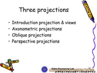 Three projections

•   Introduction projection & views
•   Axonometric projections
•   Oblique projections
•   Perspective projections




                       Video Processing Lab   12
                          臺灣師範大學數位媒體中心視訊處理研究室
 