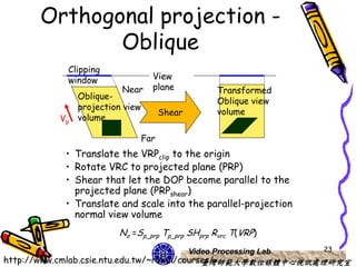 Orthogonal projection -
             Oblique
           Clipping
           window                  View
                         Near      plane             Transformed
               Oblique-
                                                     Oblique view
               projection view
                                       Shear         volume
          Vp   volume

                                 Far
           • Translate the VRPclip to the origin
           • Rotate VRC to projected plane (PRP)
           • Shear that let the DOP become parallel to the
             projected plane (PRPshear)
           • Translate and scale into the parallel-projection
             normal view volume
                        No =Sp_prp Tp_prp SHprp Rvrc T(VRP)
                                               Video Processing Lab   23
http://www.cmlab.csie.ntu.edu.tw/~robin/courses/
                                             臺灣師範大學數位媒體中心視訊處理研究室
 