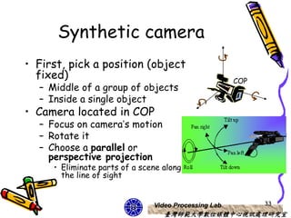 Synthetic camera
• First, pick a position (object
  fixed)                                              COP
  – Middle of a group of objects
  – Inside a single object
• Camera located in COP
  – Focus on camera’s motion
  – Rotate it
  – Choose a parallel or
    perspective projection
     • Eliminate parts of a scene along
       the line of sight


                               Video Processing Lab         33
                                  臺灣師範大學數位媒體中心視訊處理研究室
 