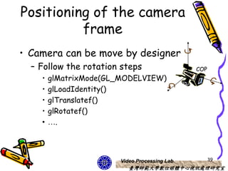 Positioning of the camera
          frame
• Camera can be move by designer
  – Follow the rotation steps                 COP
    •   glMatrixMode(GL_MODELVIEW)
    •   glLoadIdentity()
    •   glTranslatef()
    •   glRotatef()
    •   ….




                       Video Processing Lab         39
                          臺灣師範大學數位媒體中心視訊處理研究室
 
