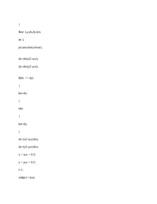{
float x,y,dx,dy,len;
int i;
pt::setcolor(colour);
dx=abs(x2-xco);
dy=abs(y2-yco);
if(dx >= dy)
{
len=dx;
}
else
{
len=dy;
}
dx=(x2-xco)/len;
dy=(y2-yco)/len;
x = xco + 0.5;
y = yco + 0.5;
i=1;
while(i<=len)
 
