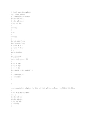 { float x,y,dx,dy,len;
int i,dot_space;
pt::setcolor(colour);
dx=abs(x2-xco);
dy=abs(y2-yco);
if(dx >= dy)
{
len=dx;
}
else
{
len=dy;
}
dx=(x2-xco)/len;
dy=(y2-yco)/len;
x = xco + 0.5;
y = yco + 0.5;
i=1;
while(i<=len)
{
dot_space=0;
while(dot_space<=1)
{
x = x + dx;
y = y + dy;
i = i + 1;
dot_space = dot_space +1;
}
pt::setco(x,y);
pt::draw();
}
}
void drawth(int x1,int y1, int x2, int y2,int colour ) //Thick DDA Line
{
float x,y,dx,dy,len;
int i;
dx=abs(x2-x1);
dy=abs(y2-y1);
if(dx >= dy)
{ len=dx;
}
 