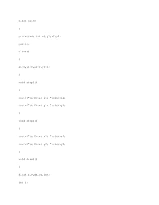 class dline
{
protected: int x1,y1,x2,y2;
public:
dline()
{
x1=0,y1=0,x2=0,y2=0;
}
void step1()
{
cout<<"n Enter x1: ";cin>>x1;
cout<<"n Enter y1: ";cin>>y1;
}
void step2()
{
cout<<"n Enter x2: ";cin>>x2;
cout<<"n Enter y2: ";cin>>y2;
}
void drawl()
{
float x,y,dx,dy,len;
int i;
 