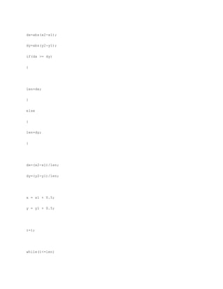dx=abs(x2-x1);
dy=abs(y2-y1);
if(dx >= dy)
{
len=dx;
}
else
{
len=dy;
}
dx=(x2-x1)/len;
dy=(y2-y1)/len;
x = x1 + 0.5;
y = y1 + 0.5;
i=1;
while(i<=len)
 