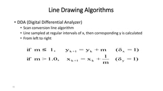 18
Line Drawing Algorithms
• DDA (Digital Differential Analyzer)
• Scan conversion line algorithm
• Line sampled at regular intervals of x, then corresponding y is calculated
• From left to right
)
1
=
δ
(
m
1
+
x
=
x
1.0,
>
m
if
)
1
=
δ
(
m
+
y
=
y
1,
≤
m
if
y
k
1
+
k
x
k
1
+
k
 