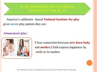 PLAY PROPOSED BY NATIONAL
INSTITUTE FOR PLAY
America’s california –based National Institute for play
gives seven play pattern they are:
Attunement play:
Close connection between new born baby
and mother,Child express happiness by
smile to its mother.
TCP PRESENTO 2020, THIAGARAJAR COLLEGE OF PRECEPTORS, MADURAI.
 