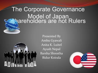 Presented By
Ambu Gyawali
Anita K. Luitel
Ayush Nepal
Barsha Shrestha
Bidur Koirala
The Corporate Governance
Model of Japan
Shareholders are not Rulers
 