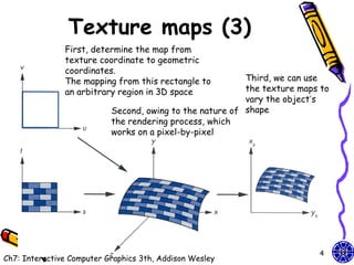 Texture maps (3)
               First, determine the map from
               texture coordinate to geometric
               coordinates.
               The mapping from this rectangle to         Third, we can use
               an arbitrary region in 3D space            the texture maps to
                                                          vary the object’s
                           Second, owing to the nature of shape
                           the rendering process, which
                           works on a pixel-by-pixel




                                                                         44
Ch7: Interactive Computer Graphics 3th, Addison Wesley
 