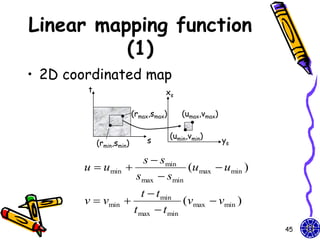 Linear mapping function
          (1)
• 2D coordinated map
        t                           xs

                          (rmax,smax)      (umax,vmax)

                                        (umin,vmin)
            (rmin,smin)       s                          ys

                        s  smin
       u  umin                   (umax  umin )
                       smax  smin
                          t  t min
       v  vmin                     (vmax  vmin )
                       t max  t min
                                                              45
 