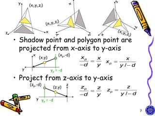 y
             (xl,yl,zl)




z                         x

    • Shadow point and polygon point are
      projected from x-axis to y-axis
               x                  (xp,-d)
                    (x,y)                   xp       x           x
                                                        xp 
                                            d       y        y / d
         y                    yp = -d

    • Project from z-axis to y-axis
             (zp,-d)                    z
                               (z,y)        zp   z               z
                                                        zp 
                                            d   y            y / d
                   y y = -d
                      p


                                                                       7
 