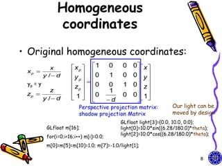 Homogeneous
                 coordinates
• Original homogeneous coordinates:
         x             x p  1         0    0 0  x 
 xp 
      y / d           y  0           1    0 0  y 
                       p                      
 yp = y                zp  0           0   1 0  z 
 zp 
             z          0              1      
                                              0 0  1 
          y / d      1              d       
                          Perspective projection matrix:            Our light can be
                          shadow projection Matrix                  moved by design
                                              GLfloat light[3]={0.0, 10.0, 0.0};
           GLfloat m[16];                     light[0]=10.0*sin((6.28/180.0)*theta);
                                              light[2]=10.0*cos((6.28/180.0)*theta);
           for(i=0;i<16;i++) m[i]=0.0;
           m[0]=m[5]=m[10]=1.0; m[7]=-1.0/light[1];

                                                                                8
 