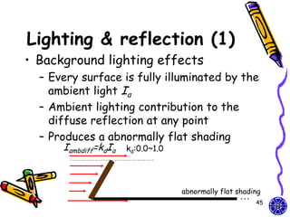 Lighting & reflection (1)
• Background lighting effects
  – Every surface is fully illuminated by the
    ambient light Ia
  – Ambient lighting contribution to the
    diffuse reflection at any point
  – Produces a abnormally flat shading
      Iambdiff=kdIa   kd:0.0~1.0




                                   abnormally flat shading
                                                    …
                                                        45
 