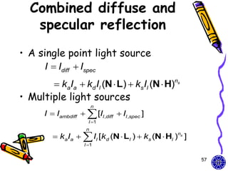 Combined diffuse and
    specular reflection
• A single point light source
     I  Idiff  Ispec
        kaIa  kd Il (N  L)  ksIl (N  H)ns
• Multiple light sources
                           n
       I  Iambdiff   [Il ,diff  Il ,spec ]
                        l 1
                       n
           kaIa   Il [kd (N  Ll )  ks (N  Hl )ns ]
                      l 1


                                                           57
 