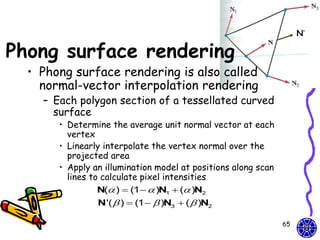 N’

Phong surface rendering
  • Phong surface rendering is also called
    normal-vector interpolation rendering
    – Each polygon section of a tessellated curved
      surface
       • Determine the average unit normal vector at each
         vertex
       • Linearly interpolate the vertex normal over the
         projected area
       • Apply an illumination model at positions along scan
         lines to calculate pixel intensities
                 N( )  (1  )N1  ( )N2
                 N '(  )  (1   )N3  (  )N2

                                                               65
 