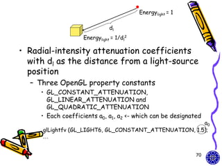 Energylight = 1

                               dl
                    Energylight = 1/dl2

• Radial-intensity attenuation coefficients
  with dl as the distance from a light-source
  position
  – Three OpenGL property constants
     • GL_CONSTANT_ATTENUATION,
       GL_LINEAR_ATTENUATION and
       GL_QUADRATIC_ATTENUATION
     • Each coefficients a0, a1, a2 <- which can be designated
                                                        a0
      glLightfv (GL_LIGHT6, GL_CONSTANT_ATTENUATION, 1.5);
      …


                                                            70
 