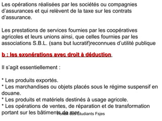 Les opérations réalisées par les sociétés ou compagnies
d’assurances et qui relèvent de la taxe sur les contrats
d’assurance.
Les prestations de services fournies par les coopératives
agricoles et leurs unions ainsi, que celles fournies par les
associations S.B.L. (sans but lucratif)reconnues d’utilité publique
b : les exonérations avec droit à déduction
Il s’agit essentiellement :
* Les produits exportés.
* Les marchandises ou objets placés sous le régime suspensif en
douane.
* Les produits et matériels destinés à usage agricole.
* Les opérations de ventes, de réparation et de transformation
portant sur les bâtiments de des Etudiants Fsjes
Portail mer.

 