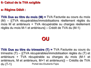 6- Calcul de la TVA exigible
a- Régime Débit :
TVA Due au titre du mois (M) = TVA Facturée au cours du mois
(M) – {(TVA récupérables/immobilisations réellement réglés du
mois M et antérieurs + TVA récupérable su charges réellement
réglés du mois M-1 et antérieurs} – Crédit de TVA du (M-1)

OU
TVA Due au titre du trimestre (T) = TVA Facturée au cours du
trimestre (T) – {(TVA récupérables/immobilisation réglés du (T) et
antérieurs + TVA récupérable su charges du mois (M-1 et
antérieurs, M et antérieurs, M+1 et antérieurs)} – Crédits de TVA
Portail des Etudiants Fsjes
du (T-1)

 