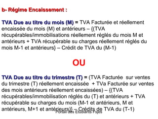 b- Régime Encaissement :
TVA Due au titre du mois (M) = TVA Facturée et réellement
encaissée du mois (M) et antérieurs – {(TVA
récupérables/immobilisations réellement réglés du mois M et
antérieurs + TVA récupérable su charges réellement réglés du
mois M-1 et antérieurs} – Crédit de TVA du (M-1)

OU
TVA Due au titre du trimestre (T) = (TVA Facturée sur ventes
du trimestre (T) réellement encaissée + TVa Facturée sur ventes
des mois antérieurs réellement encaissées) – {(TVA
récupérables/immobilisation réglés du (T) et antérieurs + TVA
récupérable su charges du mois (M-1 et antérieurs, M et
antérieurs, M+1 et antérieurs)} – Crédits de TVA du (T-1)
Portail des Etudiants Fsjes

 
