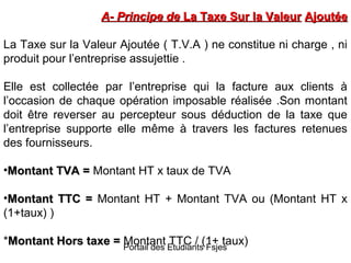 A- Principe de La Taxe Sur la Valeur Ajoutée
La Taxe sur la Valeur Ajoutée ( T.V.A ) ne constitue ni charge , ni
produit pour l’entreprise assujettie .
Elle est collectée par l’entreprise qui la facture aux clients à
l’occasion de chaque opération imposable réalisée .Son montant
doit être reverser au percepteur sous déduction de la taxe que
l’entreprise supporte elle même à travers les factures retenues
des fournisseurs.
•Montant TVA = Montant HT x taux de TVA
•Montant TTC = Montant HT + Montant TVA ou (Montant HT x
(1+taux) )
*Montant Hors taxe = Portail des Etudiants(1+ taux)
Montant TTC / Fsjes

 