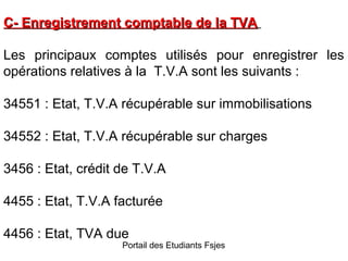 C- Enregistrement comptable de la TVA
Les principaux comptes utilisés pour enregistrer les
opérations relatives à la T.V.A sont les suivants :
34551 : Etat, T.V.A récupérable sur immobilisations
34552 : Etat, T.V.A récupérable sur charges
3456 : Etat, crédit de T.V.A
4455 : Etat, T.V.A facturée
4456 : Etat, TVA due

Portail des Etudiants Fsjes

 