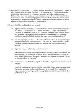 213) La articolul 229A, cuvintele „... Consiliul, hotărând în unanimitate, la propunerea Comisiei şi
     după consultarea Parlamentului European, ...” se înlocuiesc cu „... Consiliul, hotărând în
     unanimitate, în conformitate cu o procedură legislativă specială şi după consultarea
     Parlamentului European, ...”, iar cuvintele „titluri comunitare de proprietate industrială” se
     înlocuiesc cu „titluri comunitare de proprietate intelectuală”. Ultima teză se înlocuieşte cu
     textul următor: „Respectivele dispoziţii intră în vigoare după ce au fost aprobate de statele
     membre în conformitate cu normele lor constituţionale.”.

214) Articolul 230 se modifică după cum urmează:

      (a) la primul paragraf, cuvintele „... actelor adoptate în comun de Parlamentul European şi
          de Consiliu, ...” se înlocuiesc cu „... actelor legislative, ...”, după „Parlamentului
          European” se introduc cuvintele „şi ale Consiliului European”, iar la sfârşit se adaugă
          teza următoare: „Aceasta controlează, de asemenea, legalitatea actelor organelor,
          oficiilor sau agenţiilor Uniunii destinate să producă efecte juridice faţă de terţi.”

      (b) la al treilea paragraf, cuvintele „... de Curtea de Conturi şi de BCE, în scopul protejării
          prerogativelor acestora” se înlocuiesc cu „... de Curtea de Conturi, de Banca Centrală
          Europeană şi de Comitetul Regiunilor, care urmăresc salvgardarea prerogativelor
          acestora”;

      (c) al patrulea paragraf se înlocuieşte cu textul următor:

           „Orice persoană fizică sau juridică poate formula, în condiţiile prevăzute la primul şi al
           doilea paragraf, o acţiune împotriva actelor al căror destinatar este sau care o privesc
           direct şi individual, precum şi împotriva actelor normative care o privesc direct şi care
           nu presupun măsuri de executare.”;

      (d) se introduce un nou al cincilea paragraf, iar al cincilea paragraf existent devine al şaselea
          paragraf:

           „Actele de constituire a organelor, oficiilor şi agenţiilor Uniunii pot să prevadă condiţii
           şi proceduri speciale privind acţiunile formulate de persoanele fizice sau juridice
           împotriva actelor acestor organe, oficii sau agenţii care sunt destinate să producă efecte
           juridice faţă de ele.”;




                                              TL/ro 142
 