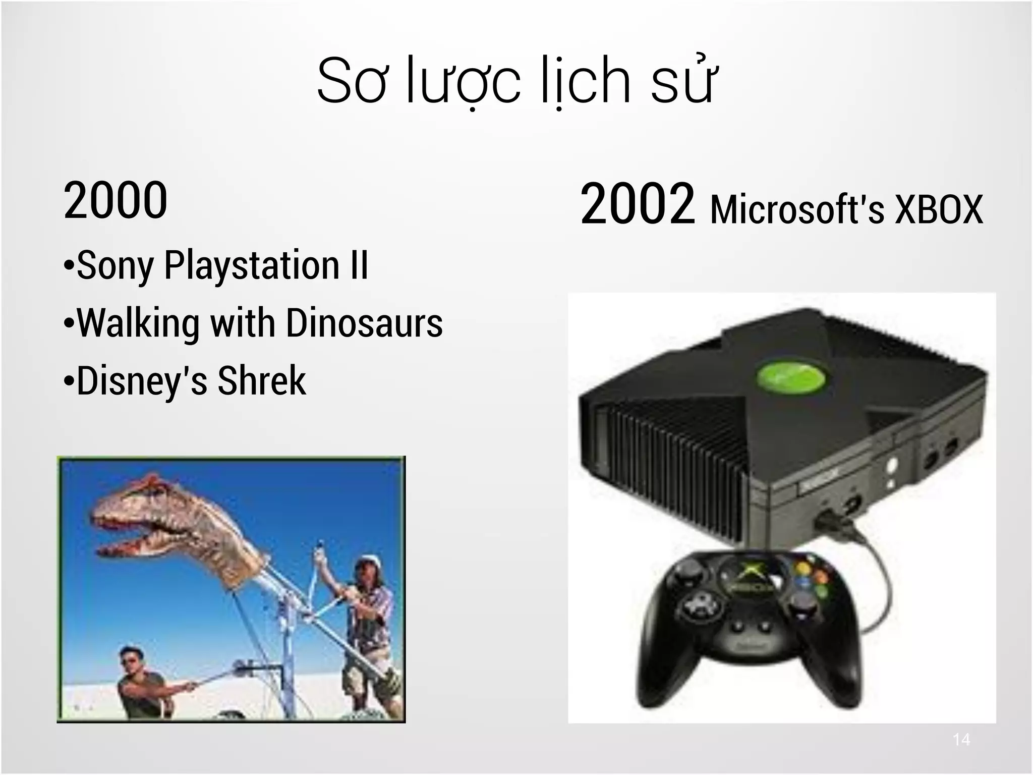 14
2000
•Sony Playstation II
•Walking with Dinosaurs
•Disney’s Shrek
Sơ lược lịch sử
2002 Microsoft’s XBOX
 