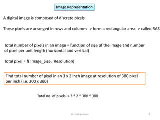 Dr. Jyoti Lakhani 12
Image Representation
A digital image is composed of discrete pixels
These pixels are arranged in rows and columns -> form a rectangular area -> called RAST
Total number of pixels in an image = function of size of the image and number
of pixel per unit length (horizontal and vertical)
Total pixel = f( Image_Size, Resolution)
Find total number of pixel in an 3 x 2 inch image at resolution of 300 pixel
per inch (i.e. 300 x 300)
Total no. of pixels = 3 * 2 * 300 * 300
 