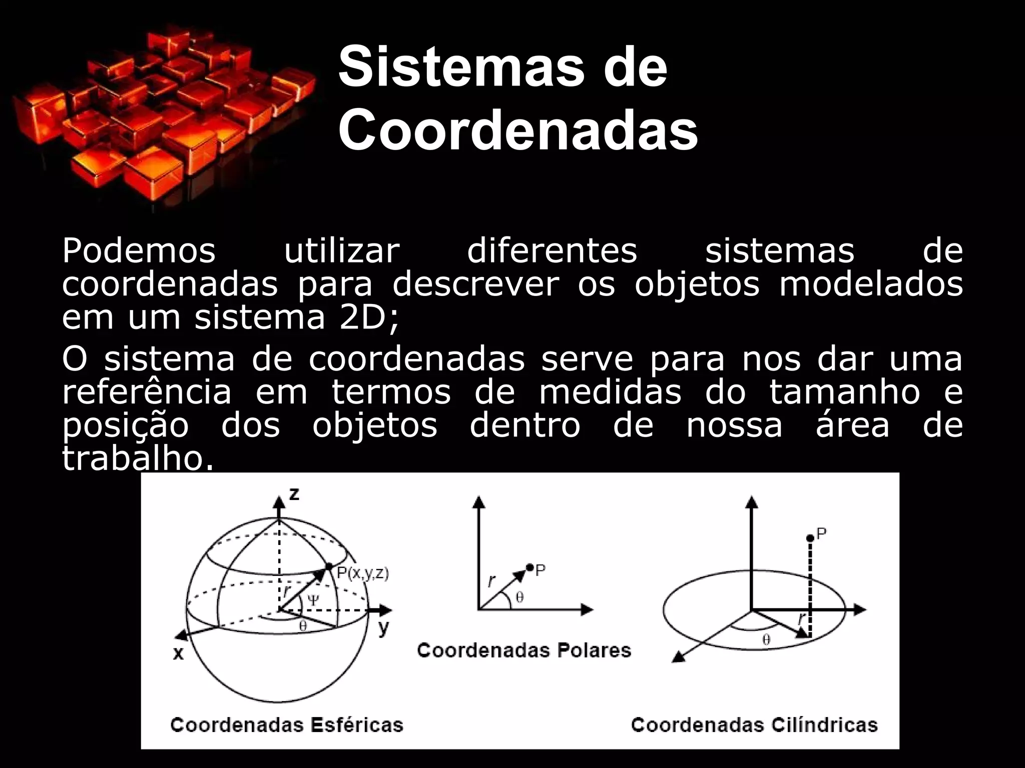 Pontos, Vetores e Matrizes Dado um sistema de coordenadas, é possível definir pontos e objetos neste sistema pelas suas coordenadas; 