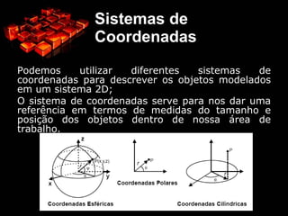 Pontos, Vetores e Matrizes Dado um sistema de coordenadas, é possível definir pontos e objetos neste sistema pelas suas coordenadas; 