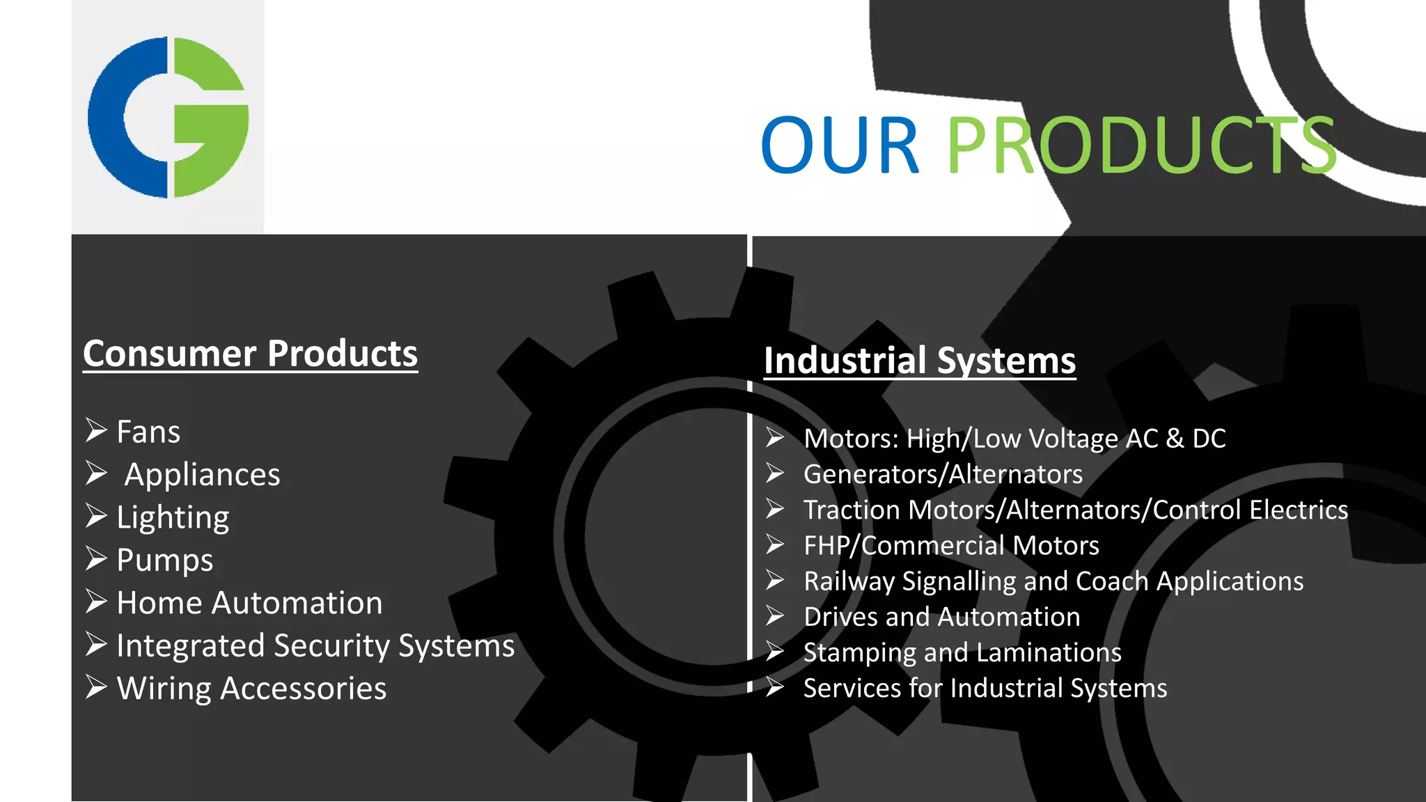 Consumer Products
Fans
 Appliances
Lighting
Pumps
Home Automation
Integrated Security Systems
Wiring Accessories
Industrial Systems
 Motors: High/Low Voltage AC & DC
 Generators/Alternators
 Traction Motors/Alternators/Control Electrics
 FHP/Commercial Motors
 Railway Signalling and Coach Applications
 Drives and Automation
 Stamping and Laminations
 Services for Industrial Systems
OUR PRODUCTS
 