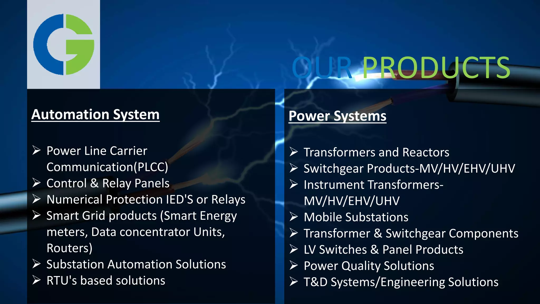 Automation System
 Power Line Carrier
Communication(PLCC)
 Control & Relay Panels
 Numerical Protection IED'S or Relays
 Smart Grid products (Smart Energy
meters, Data concentrator Units,
Routers)
 Substation Automation Solutions
 RTU's based solutions
Power Systems
 Transformers and Reactors
 Switchgear Products-MV/HV/EHV/UHV
 Instrument Transformers-
MV/HV/EHV/UHV
 Mobile Substations
 Transformer & Switchgear Components
 LV Switches & Panel Products
 Power Quality Solutions
 T&D Systems/Engineering Solutions
OUR PRODUCTS
 