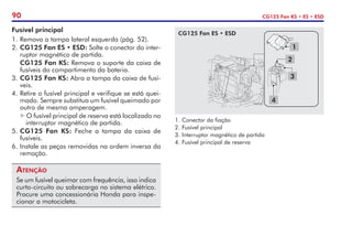 90 CG125 Fan KS • ES • ESD
1
2
3
4
CG125 Fan ES • ESD
1.	Conector da fiação
2.	Fusível principal
3.	Interruptor magnético de partida
4.	Fusível principal de reserva
Fusível principal
1.	Remova a tampa lateral esquerda (pág. 52).
2.	CG125 Fan ES • ESD: Solte o conector do inter-
ruptor magnético de partida.
	 CG125 Fan KS: Remova o suporte da caixa de
fusíveis do compartimento da bateria.
3.	CG125 Fan KS: Abra a tampa da caixa de fusí-
veis.
4.	Retire o fusível principal e verifique se está quei-
mado. Sempre substitua um fusível queimado por
outro de mesma amperagem.
O fusível principal de reserva está localizado no
interruptor magnético de partida.
5.	CG125 Fan KS: Feche a tampa da caixa de
fusíveis.
6.	Instale as peças removidas na ordem inversa da
remoção.
Atenção
Se um fusível queimar com frequência, isso indica
curto-circuito ou sobrecarga no sistema elétrico.
Procure uma concessionária Honda para inspe-
cionar a motocicleta.
 