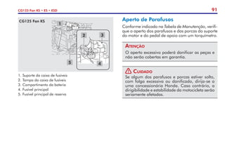 91
CG125 Fan KS • ES • ESD
Aperto de Parafusos
Conforme indicado na Tabela de Manutenção, verifi-
que o aperto dos parafusos e das porcas do suporte
do motor e do pedal de apoio com um torquímetro.
Atenção
O aperto excessivo poderá danificar as peças e
não serão cobertas em garantia.
! Cuidado
Se algum dos parafusos e porcas estiver solto,
com folga excessiva ou danificado, dirija-se a
uma concessionária Honda. Caso contrário, a
dirigibilidade e estabilidade da motocicleta serão
seriamente afetadas.
1.	Suporte da caixa de fusíveis
2.	Tampa da caixa de fusíveis
3.	Compartimento da bateria
4.	Fusível principal
5.	Fusível principal de reserva
CG125 Fan KS
1
2 3
4
5
 