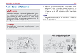 99
CG125 Fan KS • ES • ESD
(figura ilustrativa)
Nunca utilize solventes químicos e
produtos de limpeza abrasivos!
Nunca
utilize
esponja/
lã de aço
nas peças
cromadas.
Produto
de limpeza
abrasivo
OK
Utilize
somente água
e xampu neutro.
Lave com movimentos
circulares utilizando
pano macio.
(figura ilustrativa)
Como Lavar a Motocicleta
! Cuidado
Antes da lavagem, certifique-se de que o motor
e o escapamento estejam frios. Use sempre luvas
apropriadas e botas de borracha para evitar
ferimentos. Siga sempre os procedimentos de
lavagem descritos neste manual.
Atenção
Nunca lave a motocicleta exposta ao sol e com
o motor quente.
1. 	
Pulverize querosene no motor, carburador, esca-
pamento, rodas e cava­
lete lateral, e remova os
resíduos de óleo e graxa com um pincel. Incrus-
tações de piche são removidas com querosene
puro.
NOTA
O querosene ataca peças de borracha. Proteja-as
antes da aplicação.
(cont.)
 