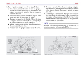 105
CG125 Fan KS • ES • ESD
3. 	
Para impedir oxidação no interior do cilindro:
P	 Remova o supressor de ruído da vela de ignição.
Utilize um cordão para amarrar o supressor em
algum componente plástico da carenagem,
afastado da vela.
P	 Remova a vela e guarde-a em local seguro. Não
conecte a vela ao supressor de ruído.
P	 Coloque uma colher de chá (5 – 10 ml) de óleo
novo para motor no interior do cilindro e proteja
o orifício da vela com um pano limpo.
P	Acione o sistema de partida por alguns segun-
dos para distribuir o óleo.
P	 Instale a vela de ignição e o supressor de ruído.
4. 	
Remova a bateria. Guarde-a em local protegido,
não exposto a temperaturas muito baixas nem a
raios solares diretos. Carregue a bateria uma vez
por mês.
5.	Lave e seque a motocicleta. Aplique uma camada
de cera à base de silicone em todas as superfícies
pintadas. Aplique spray antioxidante nas rodas,
amortecedores, interior e exterior do escapamento
e demais peças cromadas.
NOTA
Aplique spray antioxidante com o motor frio. O
excesso pode ser retirado após 24 horas.
(figura ilustrativa)
Lave e seque a motocicleta!
Calibre os pneus. Calibre os pneus.
Recomendações para motocicletas inativas
Remova e
carregue
a bateria
1 vez
por mês.
(figura ilustrativa)
Drene o tanque de combustível.
Remova a vela e coloque
1 colher de sopa de óleo.
(cont.)
 