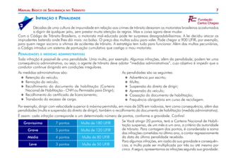 7
Manual Básico de Segurança no Trânsito
Décadas de uma cultura de impunidade em relação aos crimes de trânsito deixaram os motoristas brasileiros acostumados
a digirir de qualquer jeito, sem prestar muita atenção às regras. Mas a coisa agora deve mudar.
Com o Código de Trânsito Brasileiro, o motorista mal-educado pode ter surpresas desagradabilíssimas. A lei decidiu atacar os
imprudentes batendo onde lhes dói mais: no bolso. O preço das multas subiu para valer. Pode chegar a 900 UFIR, por exemplo,
para quem negar socorro a vítimas de acidentes de trânsito. A estratégia tem tudo para funcionar. Além das multas pecuniárias,
o Código introduz um sistema de pontuação cumulativo que castiga o mau motorista.
Infração e Penalidade
Penalidades e medidas administrativas
Toda infração é passível de uma penalidade. Uma multa, por exemplo. Algumas infrações, além da penalidade, podem ter uma
consequência administrativa, ou seja, o agente de trânsito deve adotar “medidas administrativas”, cujo objetivo é impedir que o
condutor continue dirigindo em condições irregulares.
As medidas administrativas são: 	 As penalidades são as seguintes:
X
X Retenção do veículo;
X
X Remoção do veículo;
X
X Recolhimento do documento de habilitação (Carteira
Nacional de Habilitação - CNH ou Permissão para Dirigir);
X
X Recolhimento do certificado de licenciamento;
X
X Transbordo do excesso de carga.
X
X Advertência por escrito;
X
X Multa;
X
X Suspensão do direito de dirigir;
X
X Apreensão do veículo;
X
X Cassação do documento de habilitação;
X
X Frequência obrigatória em curso de reciclagem.
Por exemplo, dirigir com velocidade superior à máxima permitida, em mais de 50% em rodovias, tem como consequência, além das
penalidades (multa e suspensão do direito de dirigir), também o recolhimento do documento de habilitação (medida administrativa).
É assim: cada infração corresponde a um determinado número de pontos, conforme a gravidade. Confira!
Gravíssima 7 pontos Multa de 180 UFIR
Grave 5 pontos Multa de 120 UFIR
Média 4 pontos Multa de 80 UFIR
Leve 3 pontos Multa de 50 UFIR
Se Você atingir 20 pontos, terá a Carteira Nacional de Habili-
tação suspensa, de um mês a um ano, a critério da autoridade
de trânsito. Para contagem dos pontos, é considerada a soma
das infrações cometidas no último ano, a contar regressivamente
da data da última penalidade recebida.
Para algumas infrações, em razão da sua gravidade e consequên­
cias, a multa pode ser multiplicada por três ou até mesmo por
cinco. A seguir, apresentamos as infrações segundo sua gravidade:
2
 