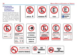 50 Manual Básico de Segurança no Trânsito
X
X Informações
	 complementares
	 às placas de
	 regulamentação
Sinais de regulamentação po-
dem ter informações comple-
mentares (tais como período
de validade, características
e uso do veículo, condições
de estacionamento). Alguns
exemplos:
 