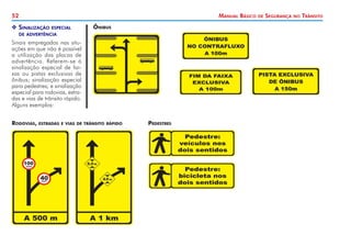52 Manual Básico de Segurança no Trânsito
X
X Sinalização especial
	 de advertência
Sinais empregados nas situ-
ações em que não é possível
a utilização das placas de
advertência. Referem-se à
sinalização especial de fai-
xas ou pistas exclusivas de
ônibus; sinalização especial
para pedestres; e sinalização
especial para rodovias, estra-
das e vias de trânsito rápido.
Alguns exemplos:
Pedestres
Rodovias, estradas e vias de trânsito rápido
Ônibus
 