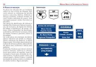 54 Manual Básico de Segurança no Trânsito
X
X Placas de indicação
As placas de indicação têm por finalidade
indicar as vias e locais de interesse, bem
como orientar os condutores de veículos
quanto a percursos, destinos, distâncias e
serviços auxiliares, podendo também ter
como função a educação do usuário. Suas
mensagens possuem caráter informativo ou
educativo.
São placas de identificação de rodovias e
estradas (Pan-Americana, federais e estadu-
ais); de municípios; de regiões de interesse
de tráfego e logradouros; de pontes, via-
dutos, túneis e passarelas; de identificação
quilométrica; de limite de municípios, divisa
de estados, fronteira e perímetro urbano; e
de pedágio.
Há ainda placas de orientação de destino
(placas indicativas de sentido ou direção;
placas indicativas de distância; e placas
diagramadas). Há também placas educativas
e placas de serviços auxiliares, estas podendo
ser placas para condutores e placas para
pedestres.
Finalmente, há placas que indicam atrativos
turísticos (naturais, históricos e culturais,
locais para prática de esportes, áreas de
recreação e locais para atividades de inte-
resse turístico). As placas podem indicar, de
maneira geral, o atrativo turístico, o sentido
de direção do atrativo turístico e a distância
do atrativo turístico. Alguns exemplos:
Identificação
 