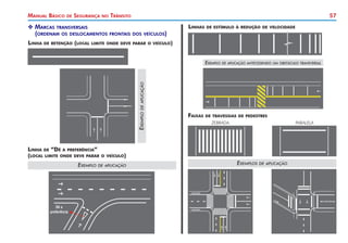 57
Manual Básico de Segurança no Trânsito
X
X Marcas transversais
	 (ordenam os deslocamentos frontais dos veículos)
Linha de retenção (local limite onde deve parar o veículo)
Linhas de estímulo à redução de velocidade
Exemplo de aplicação antecedendo um obstáculo transversal
Faixas de travessias de pedestres
ZEBRADA PARALELA
Exemplos de aplicação
Linha de “Dê a preferência”
(local limite onde deve parar o veículo)
Exemplo de aplicação
E
xemplo
de
aplicação
 