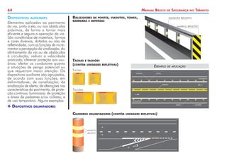 64 Manual Básico de Segurança no Trânsito
Dispositivos auxiliares
Elementos aplicados ao pavimento
da via, junto a ela, ou nos obstáculos
próximos, de forma a tornar mais
eficiente e segura a operação da via.
São constituídos de materiais, formas
e cores diversos, dotados ou não de
refletividade, com as funções de incre-
mentar a percepção da sinalização, do
alinhamento da via ou de obstáculos
à circulação; reduzir a velocidade
praticada; oferecer proteção aos usu-
ários; alertar os condutores quanto
a situações de perigo potencial ou
que requeiram maior atenção. Os
dispositivos auxiliares são agrupados,
de acordo com suas funções, em
delimitadores; de canalização; de
sinalização de alerta; de alterações nas
características do pavimento; de prote-
ção contínua; luminosos; de proteção
a áreas de pedestres e/ou ciclistas; e
de uso temporário. Alguns exemplos:
X
X Dispositivos delimitadores
elemento refletivo
amarelo refletivo
Tachas e tachões
(contêm unidades refletivas)
Tachas
Tachões
Exemplo de aplicação
Cilindros delimitadores (contêm unidades refletivas)
elemento
refletivo
Balizadores de pontes, viadutos, túneis,
barreiras e defensas
 
