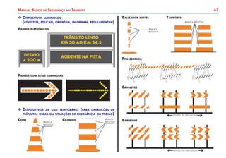 67
Manual Básico de Segurança no Trânsito
branca
refletiva
branca
refletiva
Cone
X
X Dispositivos de uso temporário (para operações de
	 trânsito, obras ou situações de emergência ou perigo)
Cilindro
branca
refletiva
branca refletiva
Balizador móvel Tambores
Fita zebrada
	
Dispositivos luminosos
	 (advertem, educam, orientam, informam, regulamentam)
Painéis eletrônicos
Painéis com setas luminosas
Cavaletes
sentido de circulação
Barreiras
sentido de circulação
 