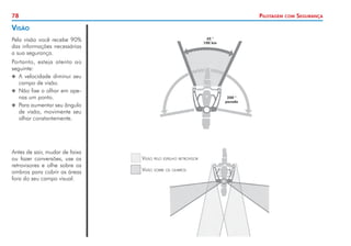 78 Pilotagem com Segurança
200 °
parado
45 °
100 km
Visão pelo espelho retrovisor
Visão sobre os ombros
Visão
Pela visão você recebe 90%
das informações necessárias
a sua segurança.
Portanto, esteja atento ao
seguinte:
X
X A velocidade diminui seu
campo de visão.
X
X 	
Não fixe o olhar em ape-
nas um ponto.
X
X 	
Para aumentar seu ângulo
de visão, movimente seu
olhar constantemente.
Antes de sair, mudar de faixa
ou fazer conversões, use os
retrovisores e olhe sobre os
ombros para cobrir as áreas
fora do seu campo visual.
 