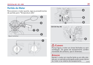 31
CG125 Fan KS • ES • ESD
Partida do Motor
Para acionar o motor quente, siga os procedimentos
de partida para “Temperatura alta”.
! Cuidado
Nunca ligue o motor em áreas fechadas ou sem
ventilação. Os gases de escapamento contêm
monóxido de carbono, que é venenoso.
Atenção
Manter o motor em marcha lenta ou em alta rota-
ção por um período prolongado pode causar danos
ao motor e ao sistema de escapamento.
3
(figura ilustrativa)
A
B
C
CG125 Fan KS
(cont.)
 