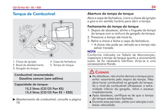 34
CG125 Fan KS • ES • ESD
Abertura da tampa do tanque
Abra a capa da fechadura, insira a chave de ignição
e gire-a em sentido horário para abrir a tampa.
Fechamento da tampa do tanque
1.	Depois de abastecer, alinhe a lingueta da tampa
do tanque com a ranhura do gargalo do tanque.
2.	Pressione a tampa até travá-la.
3.	Retire a chave e feche a capa da fechadura.
A chave não pode ser retirada se a tampa não
estiver travada.
NOTA
Conforme indicado na Tabela de Manutenção,
inspecione a tampa do tanque quanto a acionamento
suave. Se for necessário lubrificar, dirija-se a uma
concessionária Honda.
! Cuidado
P	 Ao abastecer, não encha demais o tanque para
evitar vazamento pelo respiro da tampa. Não
deve haver combustível no gargalo do tanque.
Se o nível de combustível ultrapassar a extre-
midade inferior do gargalo, retire o excesso
imediatamente.
P	Após abastecer, certifique-se de que a tampa
do tanque esteja bem fechada.
P 	Durante esse período, pilote com atenção e em
baixa velocidade.
Tanque de Combustível
Combustível recomendado:
	 Gasolina comum (sem aditivo)
Capacidade do tanque:
	 15,2 litros (CG125 Fan KS)
	 15,4 litros (CG125 Fan ES • ESD)
	Abastecimento de combustível, consulte a página
	18.
1
2
3
4
5
1. Chave de ignição
2. Bocal de abastecimento
3. Gargalo do tanque
4.	Capa da fechadura
5. 	
Tampa do tanque
 