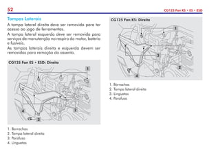 52 CG125 Fan KS • ES • ESD
Tampas Laterais
A tampa lateral direita deve ser removida para ter
acesso ao jogo de ferramentas.
A tampa lateral esquerda deve ser removida para
serviços de manutenção no respiro do motor, bateria
e fusíveis.
As tampas laterais direita e esquerda devem ser
removidas para remoção do assento.
1
2
3
4
1.	Borrachas
2. Tampa lateral direita
3. Parafuso
4. Linguetas
CG125 Fan ES • ESD: Direita
1
2
3
4
1. Borrachas
2. Tampa lateral direita
3.	Linguetas
4. Parafuso
CG125 Fan KS: Direita
 