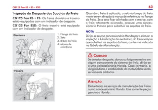 63
CG125 Fan KS • ES • ESD
Inspeção do Desgaste das Sapatas do Freio
CG125 Fan KS • ES: Os freios dianteiro e traseiro
estão equipados com um indicador de desgaste.
CG125 Fan ESD: O freio traseiro está equipado
com um indicador de desgaste.
Quando o freio é aplicado, a seta no braço do freio
move-se em direção à marca de referência no flange
do freio. Se a seta ficar alinhada com a marca, com
o freio totalmente acionado, procure uma conces-
sionária Honda para substituir as sapatas de freio.
NOTA
Dirija-se a uma concessionária Honda para efetuar a
inspeção e lubrificação do excêntrico do freio sempre
que substituir as sapatas do freio, conforme indicado
na Tabela de Manutenção.
! Cuidado
Se detectar desgaste, danos ou folga excessiva em
algum componente do sistema de freio, dirija-se
a uma concessionária Honda. Caso contrário, a
dirigibilidade e estabilidade da motocicleta serão
seriamente afetadas.
Atenção
Efetue todos os serviços de manutenção dos freios
numa concessionária Honda. Use somente peças
genuínas Honda.
1.	Flange do freio
2.	Seta
3.	Braço do freio
4.	Marca de
referência
4
3 2
1
Dianteiro
4
3 2
1
Traseiro
 