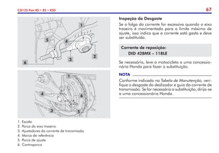 67
CG125 Fan KS • ES • ESD
1
6
5
3
4
2
3
4
5
6
1
1.	Escala
2.	Porca do eixo traseiro
3.	Ajustadores da corrente de transmissão
4.	Marca de referência
5.	Porca de ajuste
6.	Contraporca
Inspeção do Desgaste
Se a folga da corrente for excessiva quando o eixo
traseiro é movimentado para o limite máximo de
ajuste, isso indica que a corrente está gasta e deve
ser substituída.
Corrente de reposição:
	 DID 428MX – 118LE
Se necessário, leve a motocicleta a uma concessio-
nária Honda para fazer a substituição.
NOTA
Conforme indicado na Tabela de Manutenção, veri-
fique o desgaste do deslizador e guia da corrente de
transmissão. Se for necessária a substituição, dirija-se
a uma concessionária Honda.
 